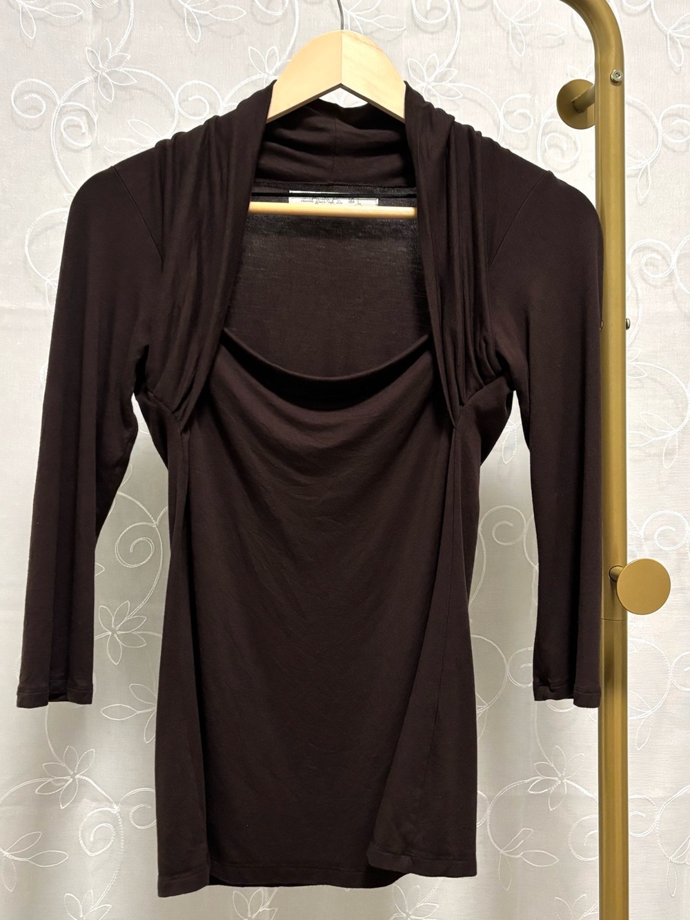 ZARA Draped Long Sleeve Chocolate Brown Top Size Large